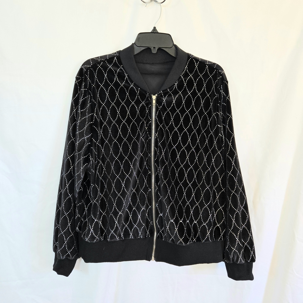 SHEIN LUNE Plus Black Velvet Silver Glitter Argyle Pattern Bomber Jacket 1X NWOT
